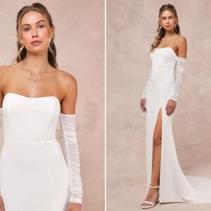 Lulu's White Strapless Slit Evening Gown with Sheer Ruched Gloves